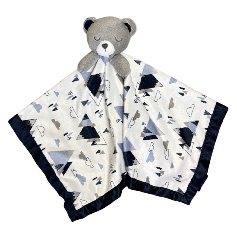 Just Born Gray Baby Boy Bear Lovey Blue White Security Blanket Large 24" satin